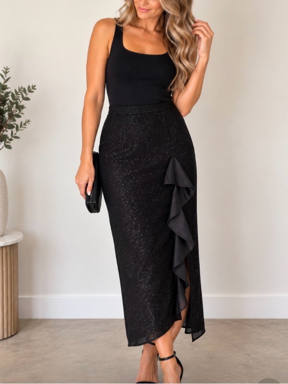 Sparkle Ruffle Black Midi Skirt